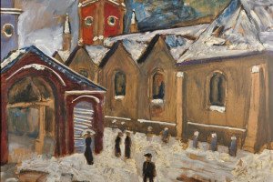 Eglise et halles de Retiers sous la neige