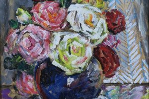 Bouquet de roses au vase bleu